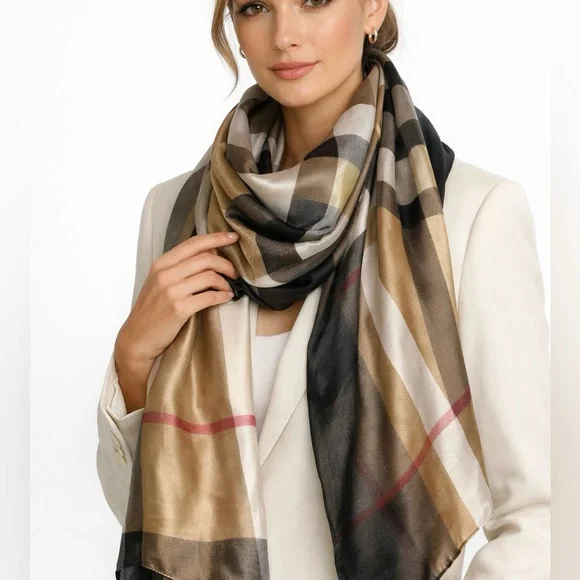 Tartan Plaid 100% Silk Heritage Check Scarf Wrap Neutral Camel/Black Equestrian - Picture 1 of 9